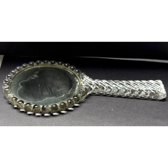 Antique Pressed Glass Hand Mirror Bubble Clear Abstract Magnifying Vanity - Picture 11 of 12
